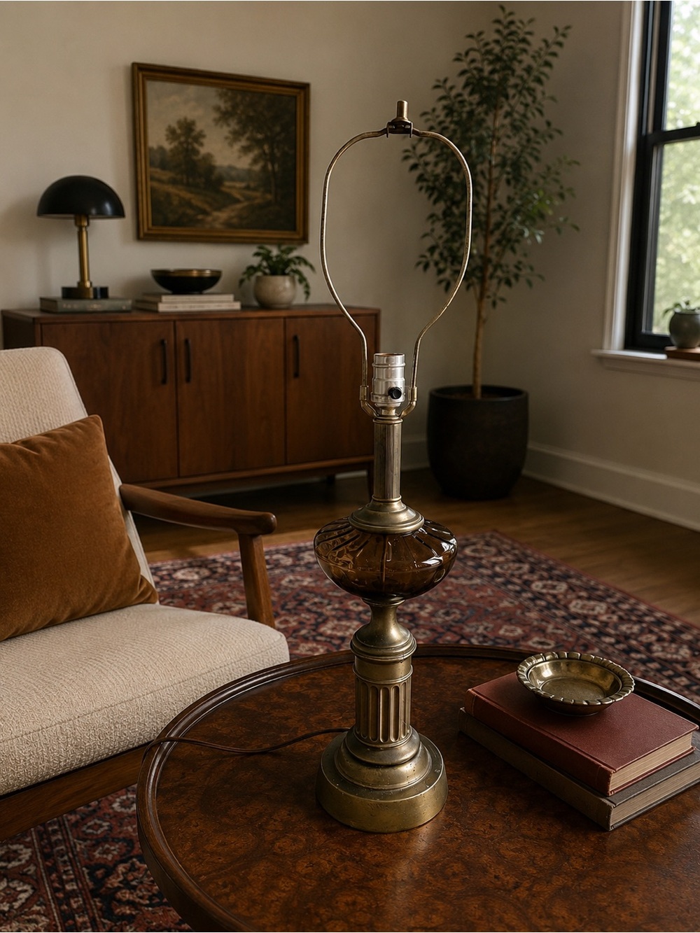 Brass and Amber Glass Table Lamp - Home Accents